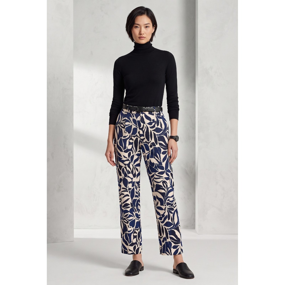 Soho Blue White Botanical Leaf Print Pants Relaxed Flowy Resort  Coastal Boho M